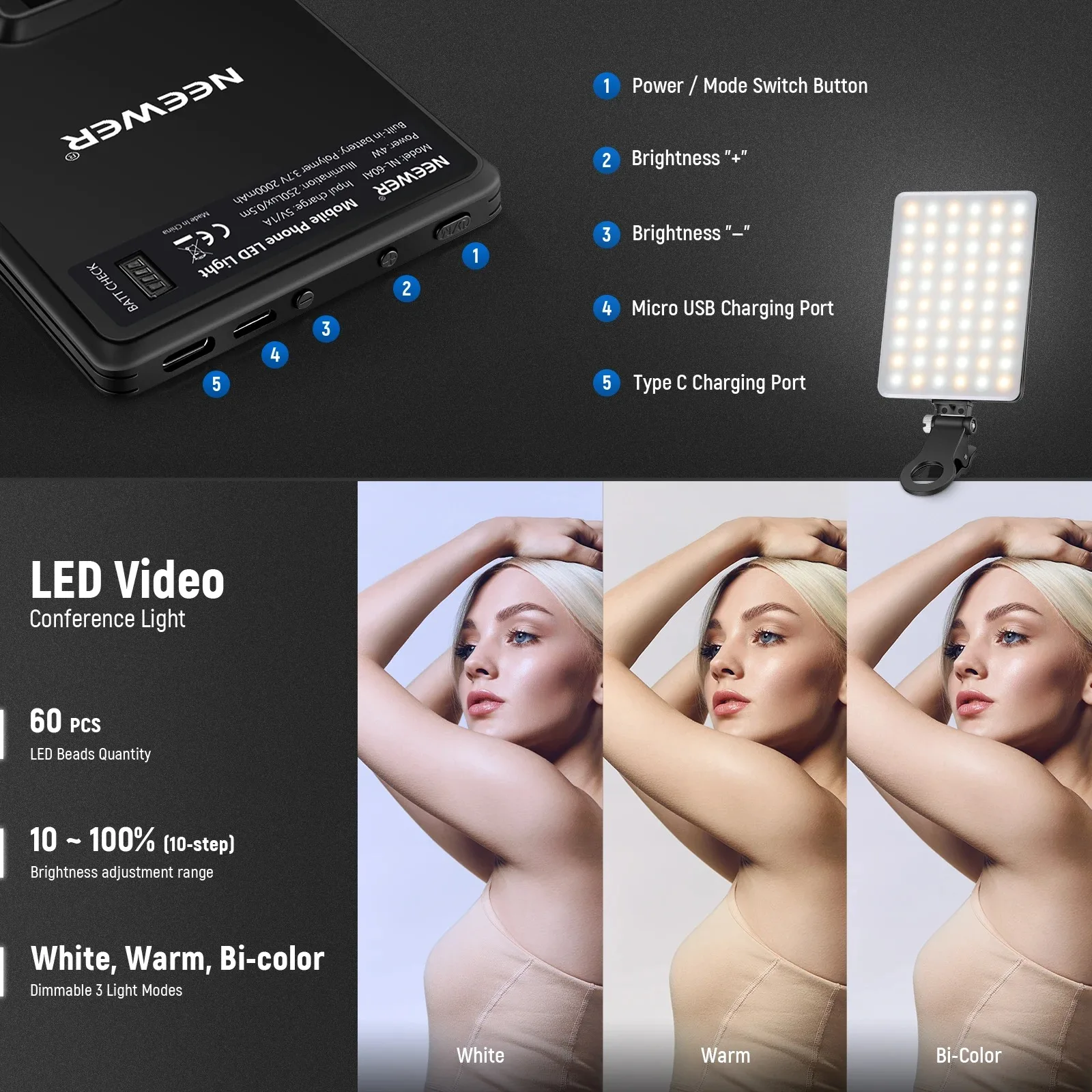 Pour 2 pièces Selfie lumières 60 LED haute puissance 95 + CRI téléphone lumière 2000mAh Rechargeable vidéo lumière avant arrière téléphone pince