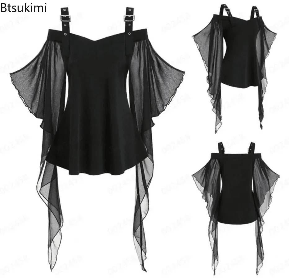 

2025 Women's Halloween Camis Tops Cosplay Costume Bat Sleeve Lace Adjustable Shoulder Strap Tops Personalized Gothic Style Tees