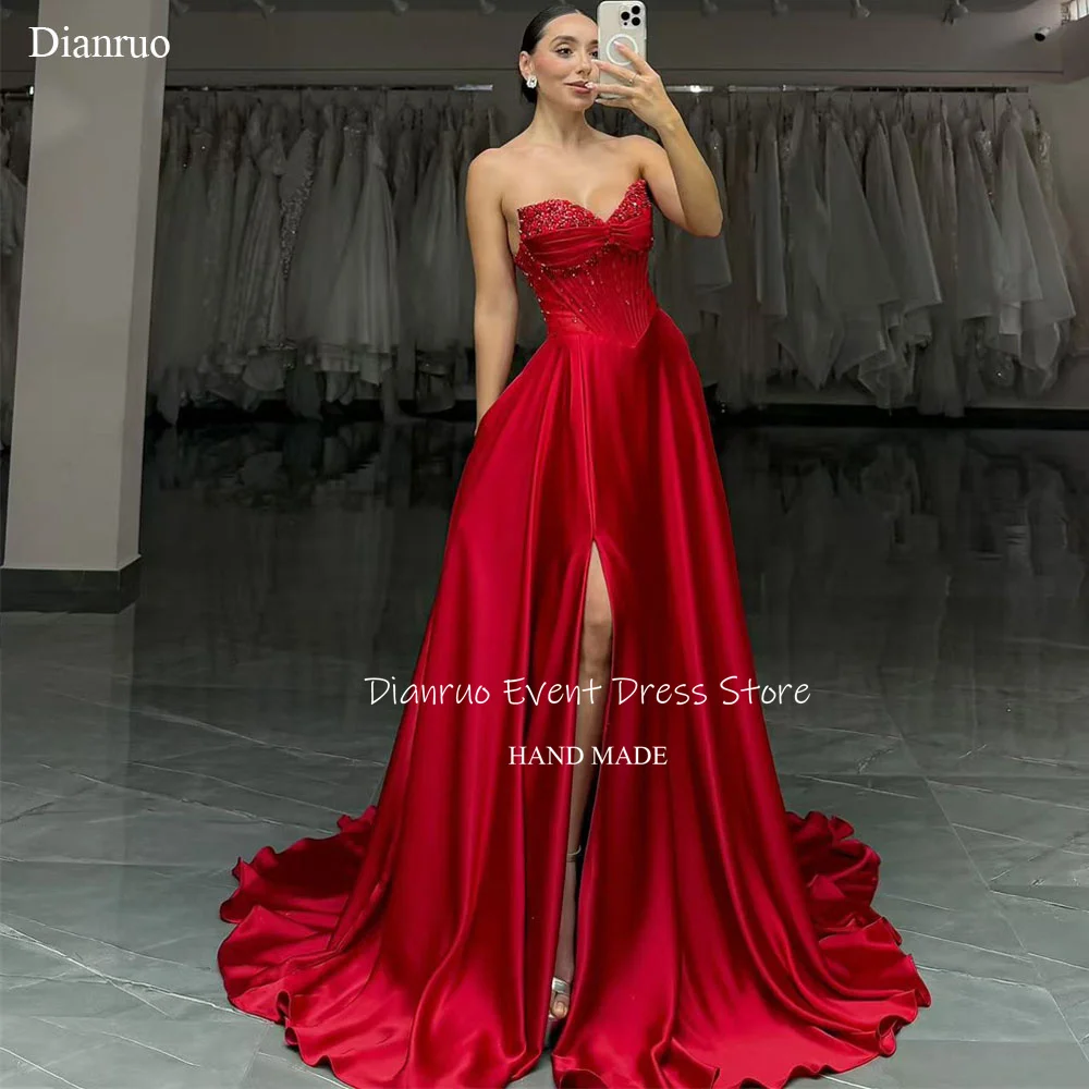 

Dianruo Modern Red Long A-line Prom Dresses Sweetheart Stain Slit Party Gowns Backless Court Train Abiti Da Cerimonia Customized