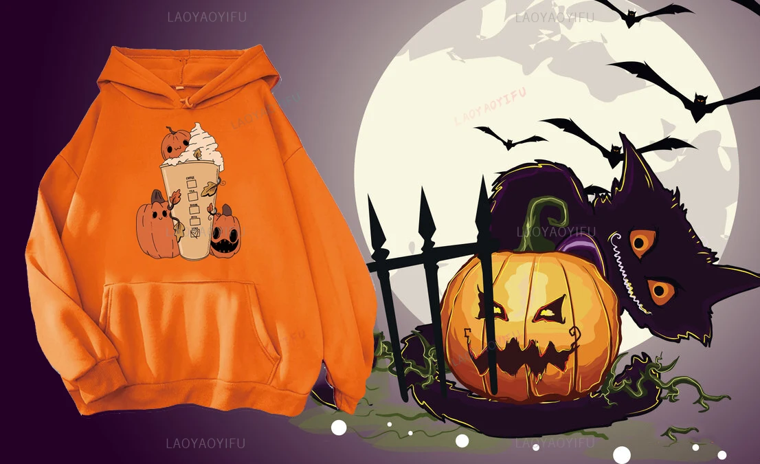 

Halloween Theme Casual Daily Long Sleeve Hoodie Skull Pumpkin Drink Hooded Jumper Cool Street Autumn and Winter Clothes