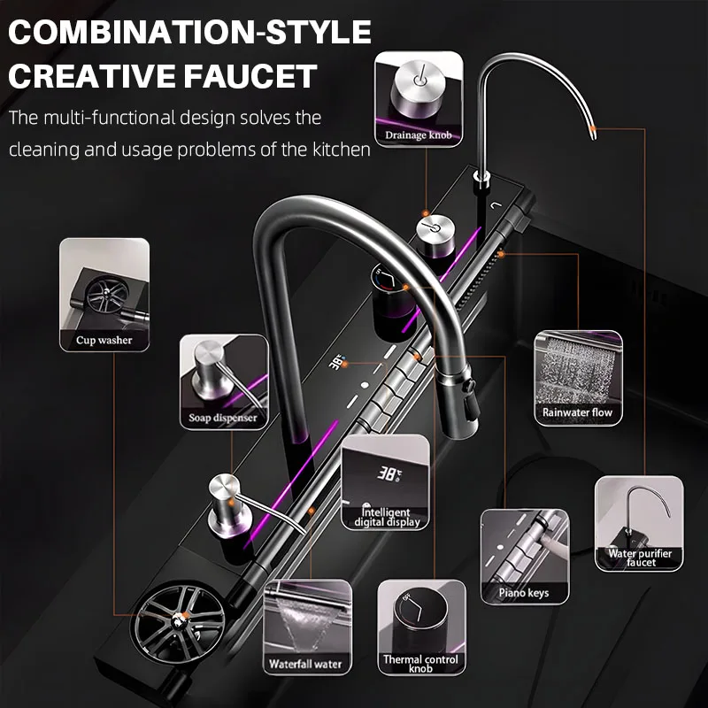 Large-capacity Stainless Steel Kitchen Sink in 304 Grade Slag Collection Net Intelligent Digital Display Cup Washer view 6