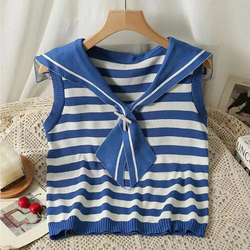 Elegant Women Knit Vest Navy Neck Shawl Stripe Sleeveless Top Sweet Bow Slim Office Lady\'s Lace Up Retro Casual Summer Waistcoat