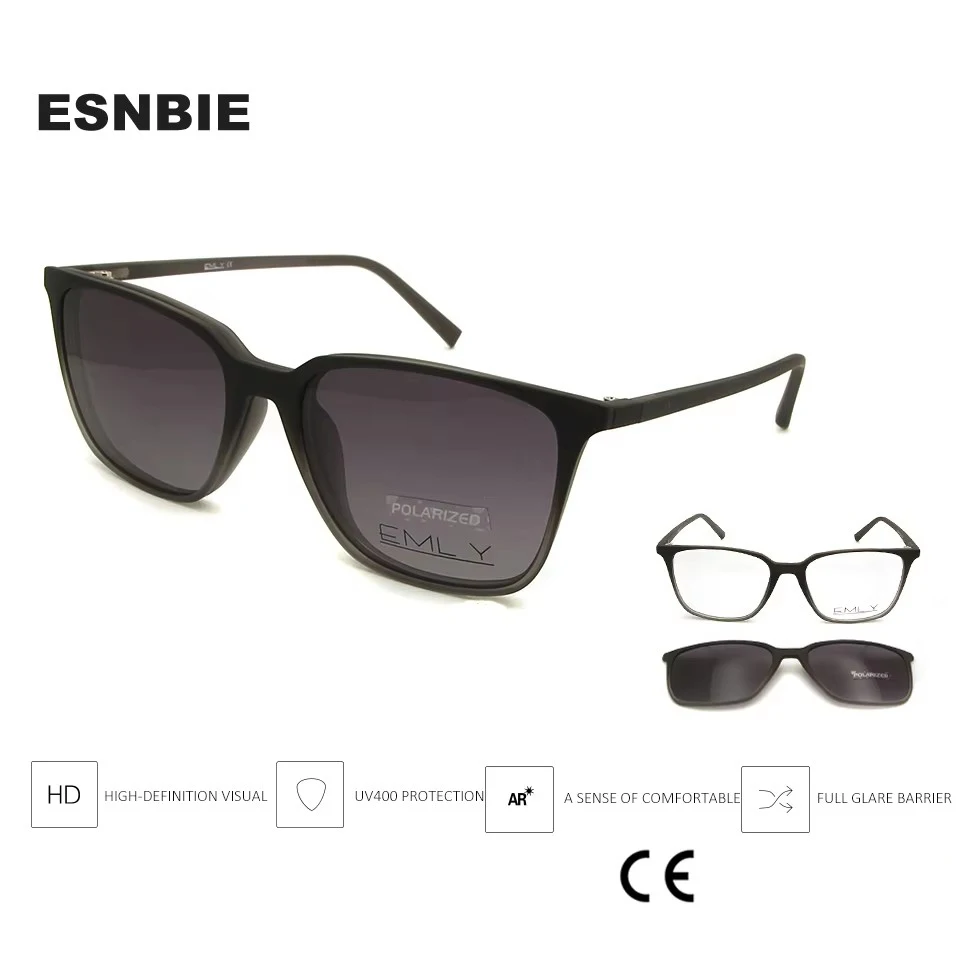 ESNBIE TR90 Ultra-Light Black Nerd Glasses Men Clip On Sunglasses Polarized Women Magnets Tr90 Lunette De Vue Homme