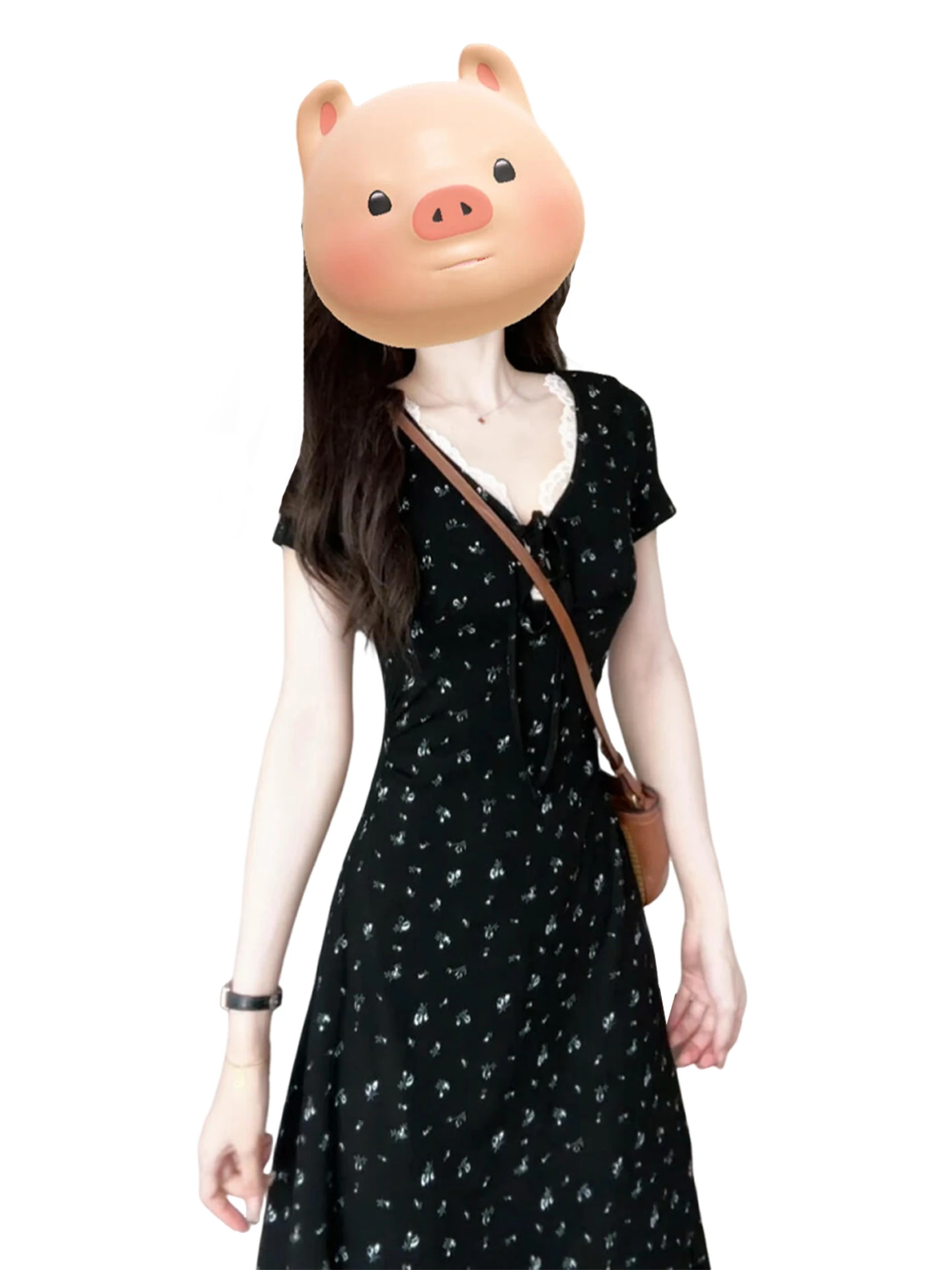 Długa spódnica damska z kwiatowym nadrukiem, dekoltem w serek, koronkowym wykończeniem, podkreślająca talię, w stylu koreańskim, z wysokim stanem, z poliestru i bawełny...