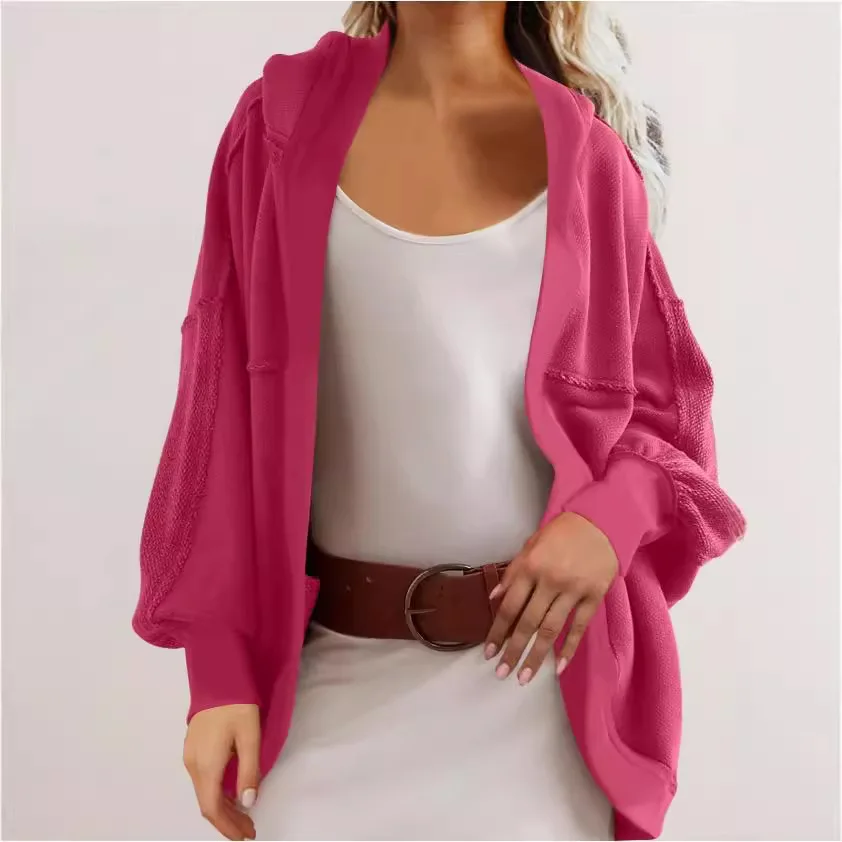 

Autumn Hooded Style Commuting Loose Back Patchwork Casual Cardigan Jacket Solid Outerwear Women Rose Red Coats Casual Loose Tops