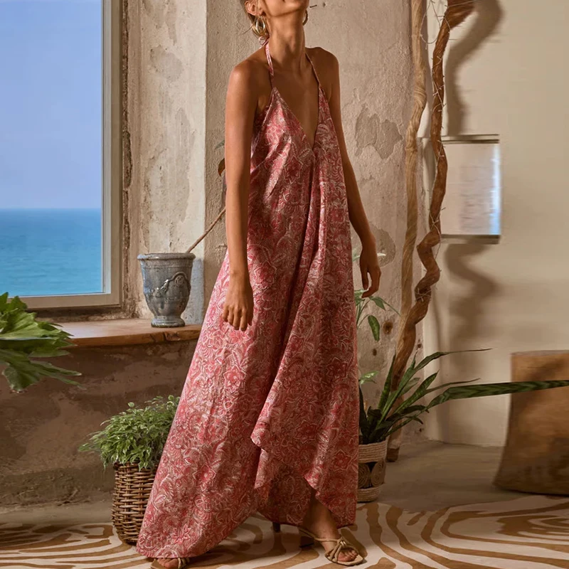 Summer Casual Pleat Loose Vacation Party Dress Women Elegant Sleeveless Hollow Dress 2025 Fashion Floral Print Beach Long Dress