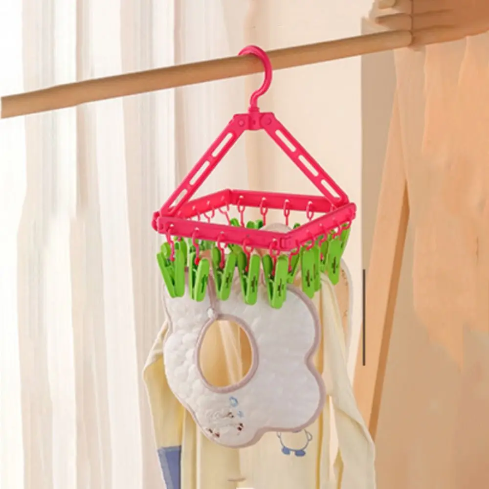 

Rotatable Coat Hanger with Clips Windproof Adjustable Underwear Sock Clips Foldable Space Saving Clothes Drying Hanger