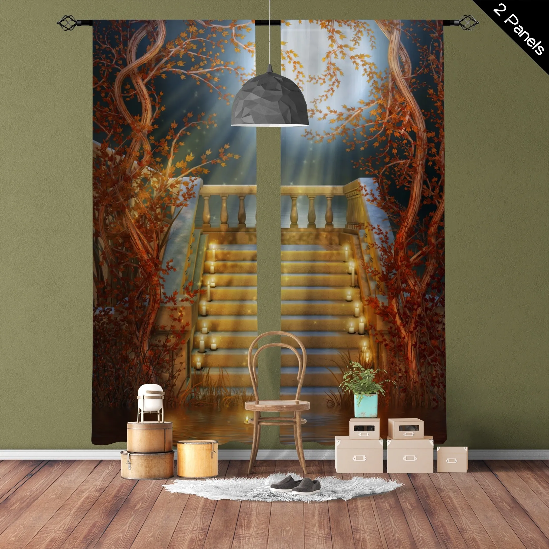 Mystic Forest Staircase Curtain, 3D Fantasy Tree Vine Window Drape, Magical Light Beam Decor for Living Room Bedroom, Blackout