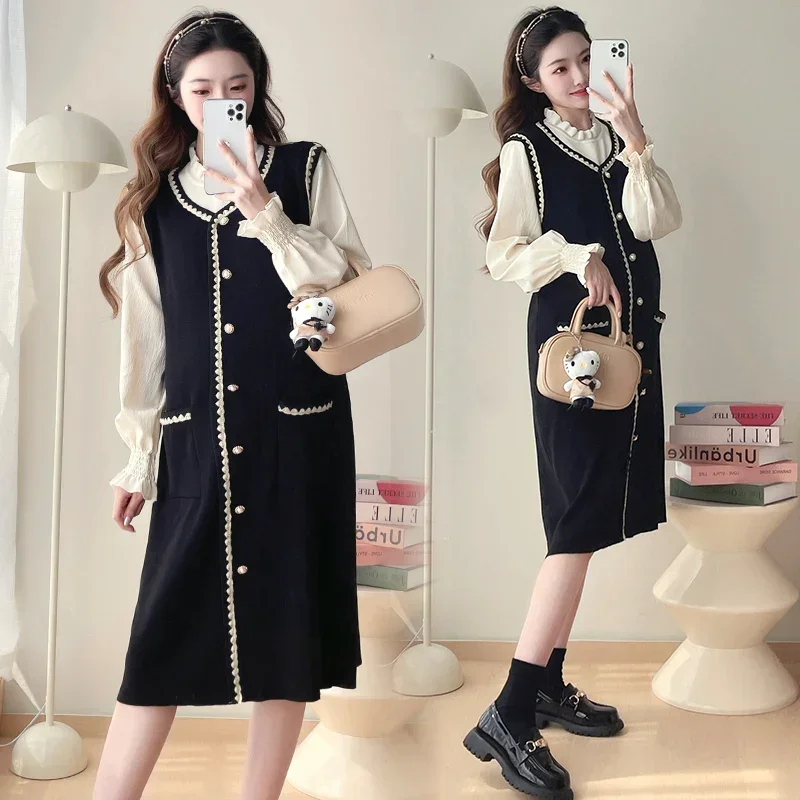 2025 Autry winter maternity knitted dress elegant long sleeve ruffles collar patchwork faux two pieces pregnant woman dresses