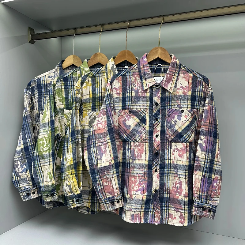 

Retro American Sle Dyeing And Wearing Coat irt Sle Upper Body Windproof Loose Fit Long Sve Plaid Patterned Men's irt