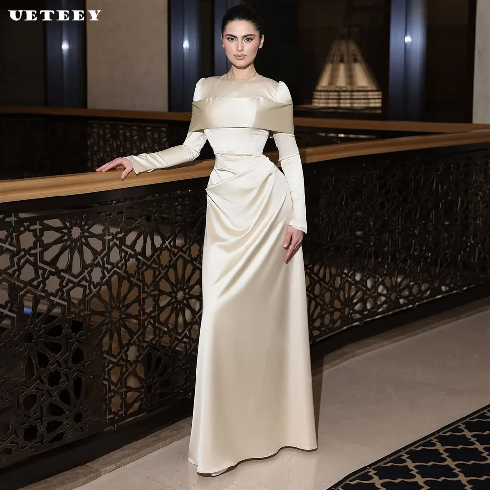 

UETEEY Customized Muslim O Neck Long Puff Sleeves Satin Sheath Wedding Dress For Women Pleats Floor Length vestidos de novia