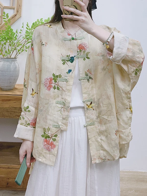 

Новая женская рубашка больших размеров в китайском национальном стиле на весну-лето 2026 года, свободного кроя, с пуговицами, солнцезащитная, с принтом