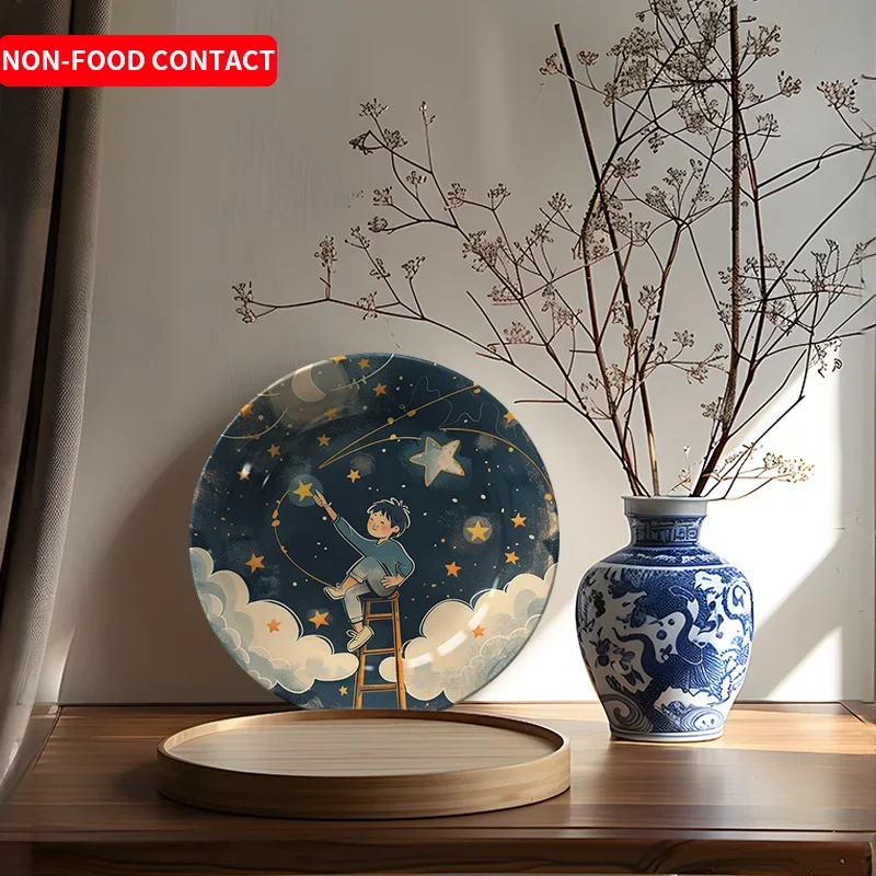 1pc Non-Food Contact Starry Sky Dream Ceramic Decorative Plate - Boy Holding Starry Sky Art Hanging Plate, Nordic Style Wall