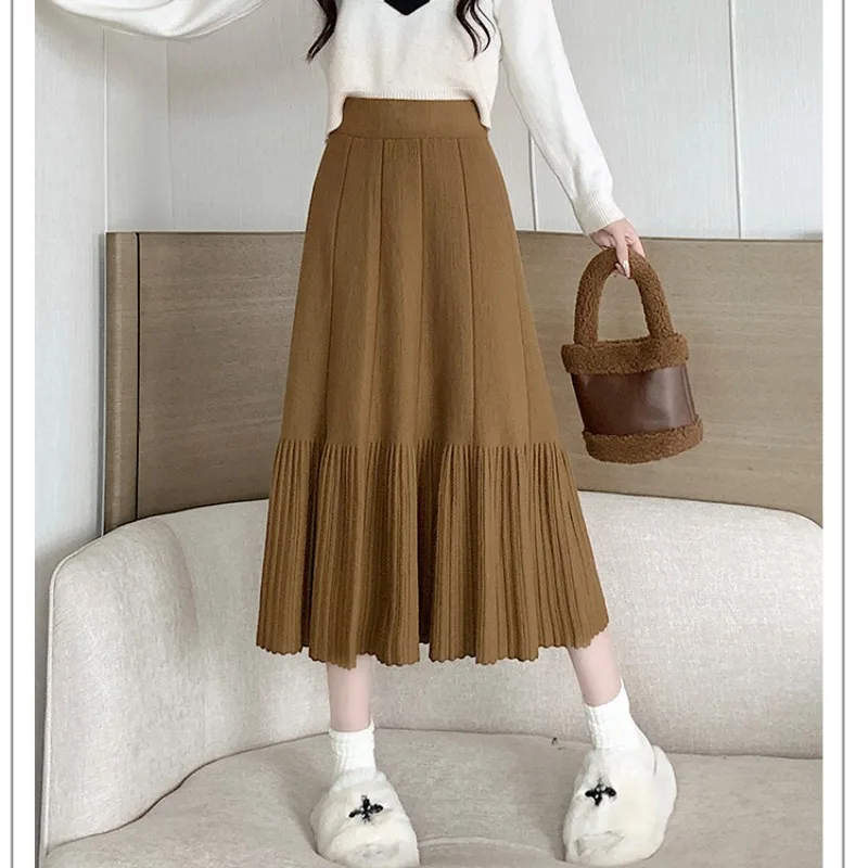 Women's Autumn Winter Solid Shirring Ruffles Elastic Folds High Waisted Sweater Knitted Loose Casual Vintage Office Lady Skirts