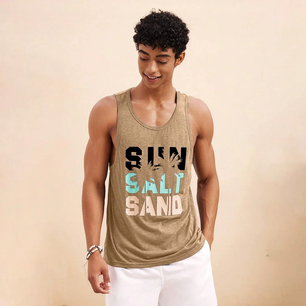 Funny Letter Coconut Tree Print Men's Tank Top Hawaiian Beach Vacation Man Sleeveless Shirt Summer Fashion Breathable Loose Vest