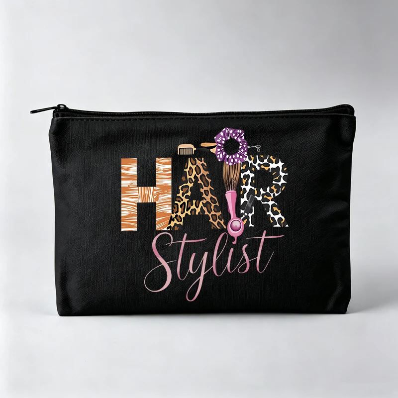Women's Hair Stylist Letter Print Makeup Bag with Animal Print Design, Zipper Cosmetic Pouch for Daily Use
