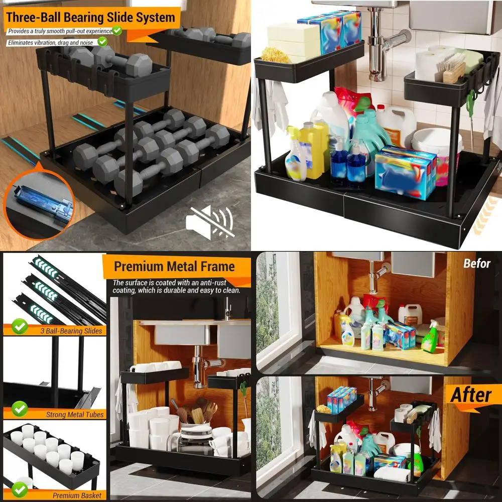 

2-Tier Expandable Sink Organizer, Pull-Out Drawer with 3 Smooth Slides, Metal Kitchen & Bathroom Storage, Black