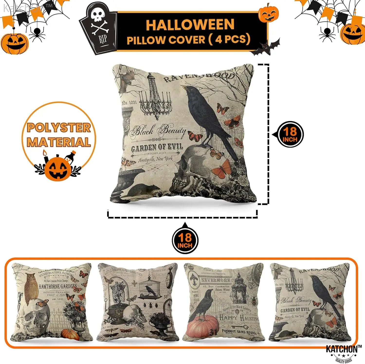 Vintage Halloween Pillow Covers 18x18 Inch Pack of 4 Skull Halloween Throw Pillow Covers Pumpkin Halloween Cushion Covers