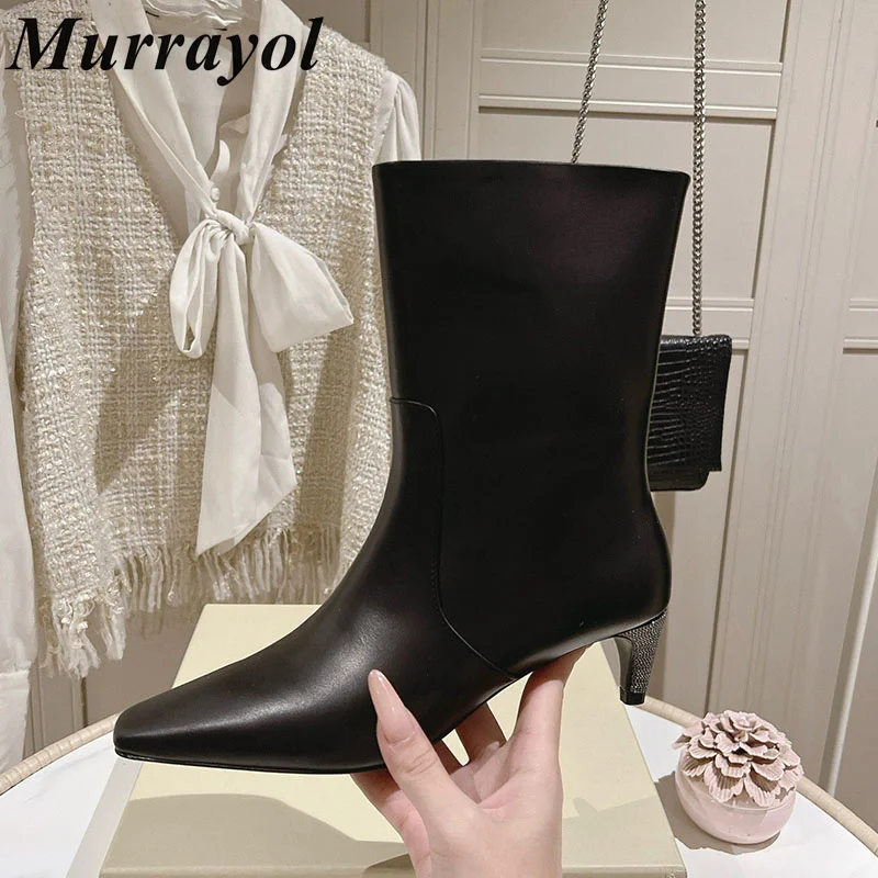 Short Boots Genuine Leather Pointed Toe Kitten Heels Chelsea Booties Women Autumn Winter Solid Color Daily Office Commute Shoes