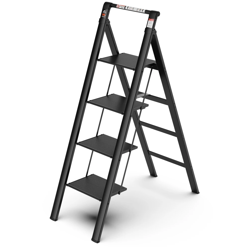 4 Step Ladder Retractable Handgrip Folding Step Stool with Anti-Slip Wide Pedal Aluminum Step Ladders 300lbs Safety Household