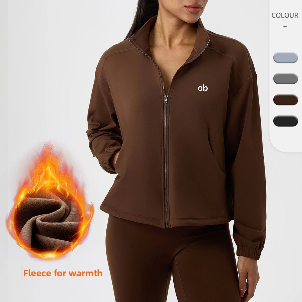 Women Autumn Winter Fleece Lined Stand Collar Zipper Yoga Jacket Loose Fit Warm Outdoor Gym Fitness Sports Long Sleeve Top