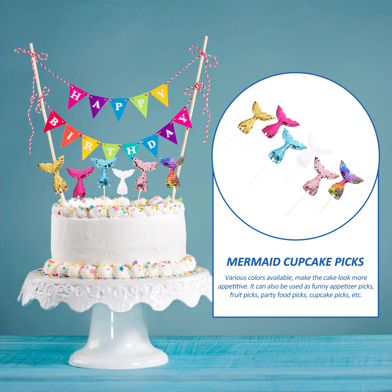 

12Pcs Sequin Mermaid Tail Cake Toppers Shiny Multicolor Cake Picks for Birthday Baby Shower Wedding Party Decoration