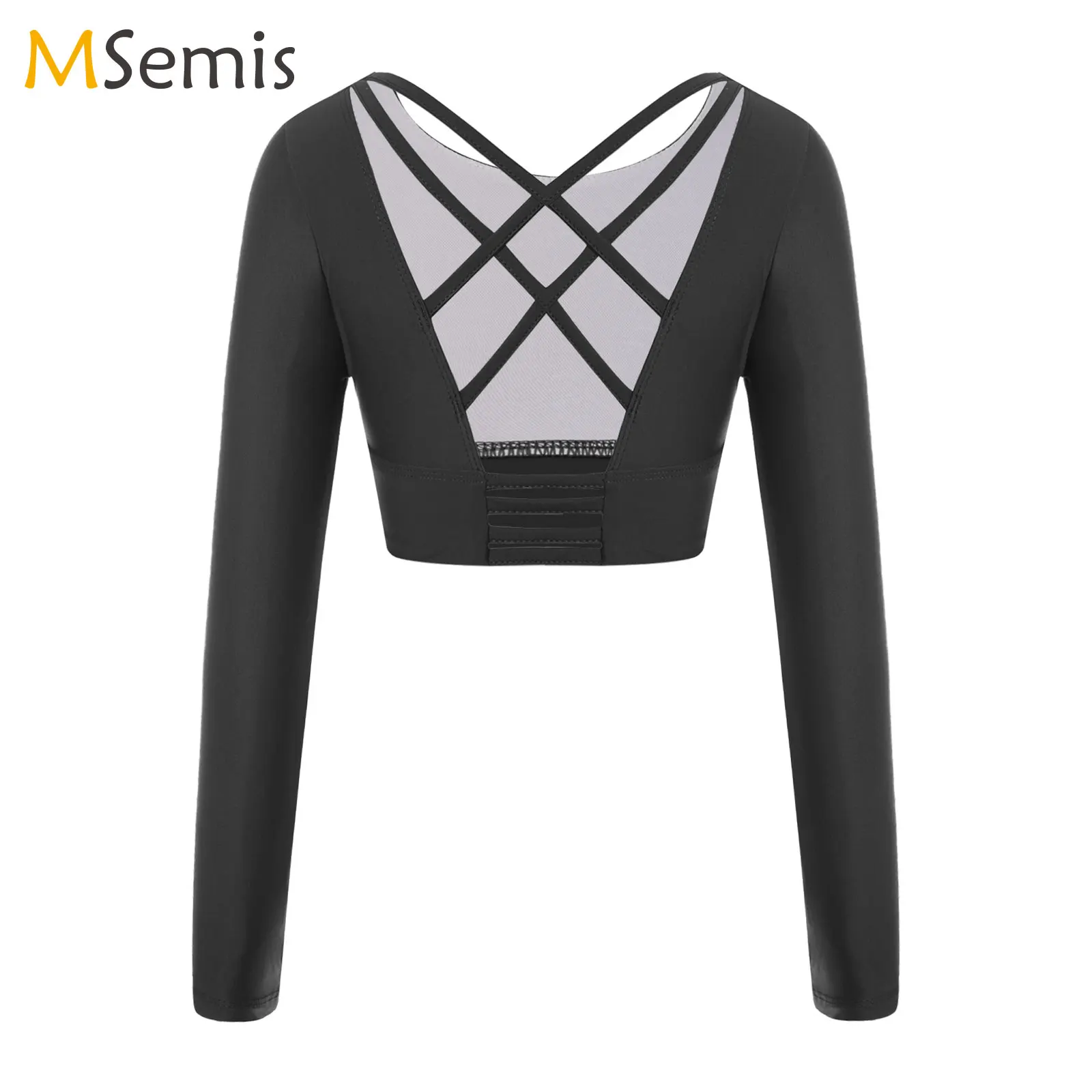 Girl Ballet Gymnastic Leotard Top Long Sleeved Dance Cropped Sweatshirt Tops Kids Criss Cross Open Back Workout Sports Clothing