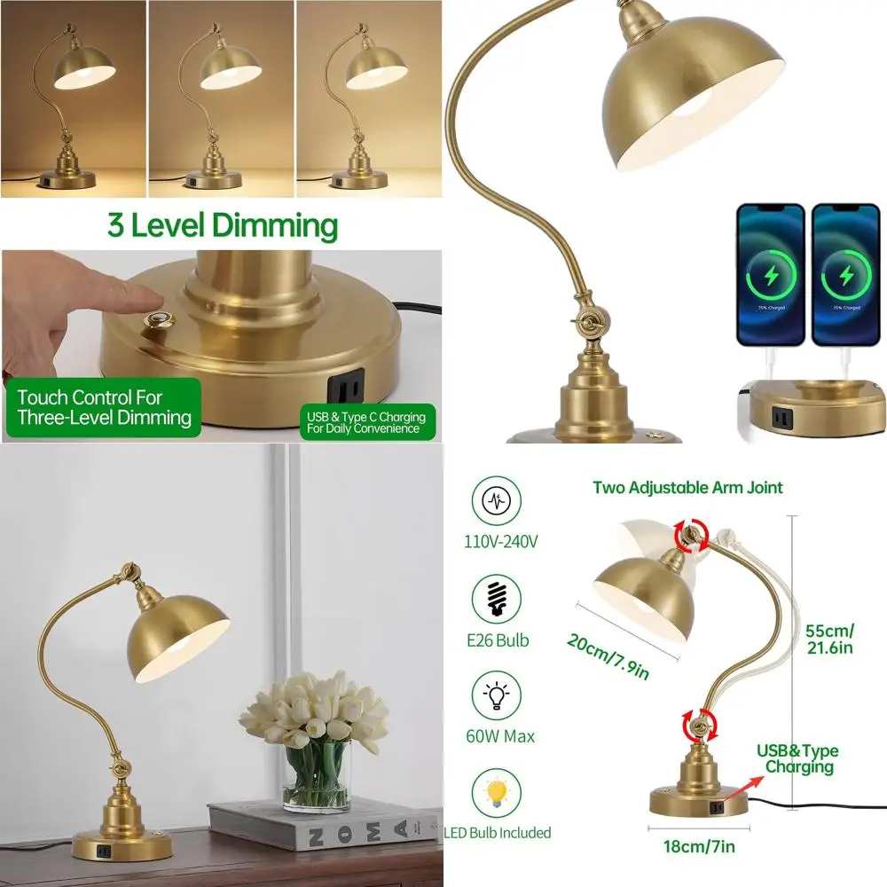 

Старинная латунная светодиодная настольная лампа с лампочкой E26, подходящая для дома, офиса и спальни.