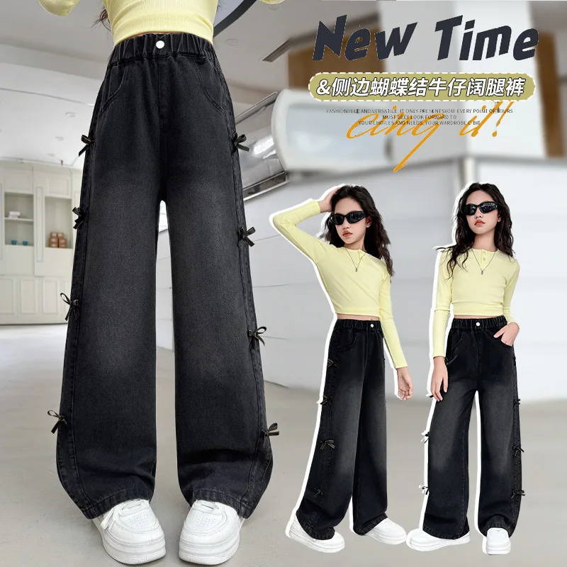 

Girls' Fashion Bow Denim Jeans – Black Straight Leg High Waist Denim Pants for Big Girls, Suitable for 7-14Y, Stylish Daily Wea