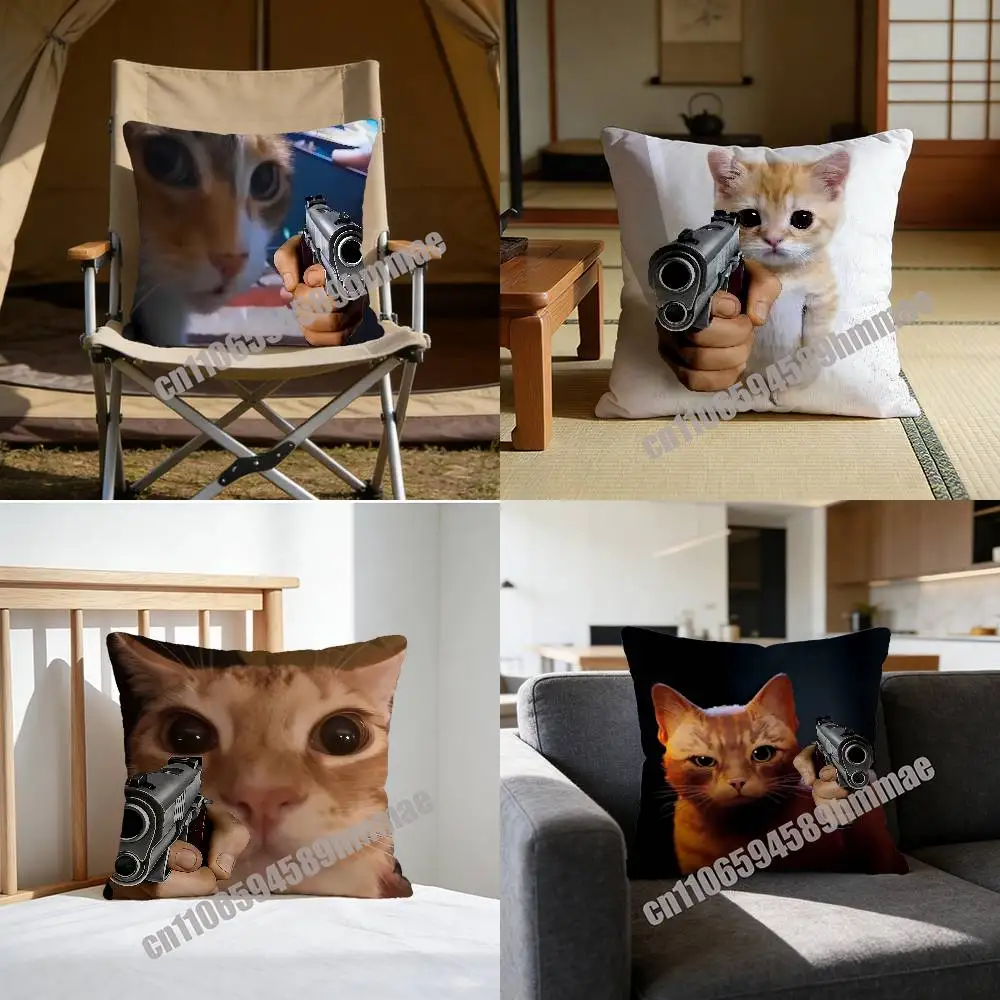 

Funny Cat MEME Gun Throw Pillow Case Sham For 45x45cm 35x35cm Square Bedroom Pillowcase Cushion Cover