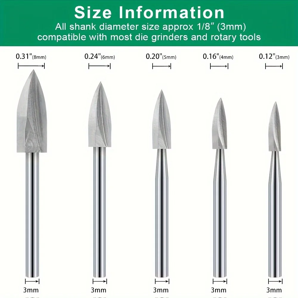 Wood Carving Drill Bits Set for Rotary Tool 5Pcs Engraving Drill Accessories Bit Wood Crafts Grinding Woodworking Tool with 1/8'