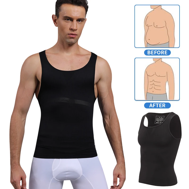 Mens Slimming Body Shaper Vest Shirt Abdomen Compression Shirt to Hide Gynecomastia Moobs Workout Fitness Tank Tops Undershirts