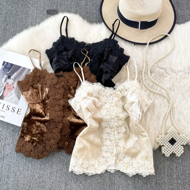 

V-Neck Velvet Camisole Vest Women's Autumn Lace Patchwork Slim Fit Short Style Inner Layer Bottom Shirt Pure Desire Sexy Top