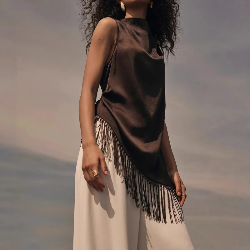 

2026 new women's fringed satin vest casual open placket sleeveless