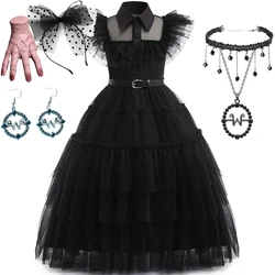 New Girls Wednesday Dress Children Addams Halloween Black Family Clothes Kids Dancing Cosplay Costume Princess Christmas Fantasy