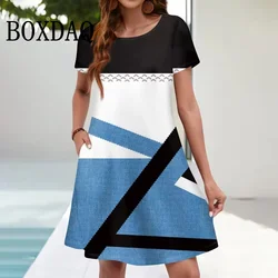 Summer Dresses For Women's Clothing Geometry Striped Short Sleeve Sundress Loose Pockets Casual A-Line Dress Vestidos Plus Size