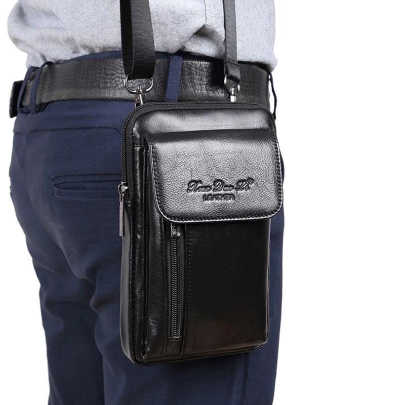 Genuine Leather Men Small Messenger Shoulder Bag High Quality Cell Mobile Phone Case Cross Body Fanny Waist Hook Belt Pack