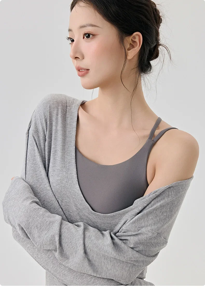 Lockere Fitness-Bluse mit großem U-Ausschnitt, sexy Trainingsjacke, langer Stil, der das Gesäß und unangenehme Linien bedeckt, weich für Frauen. – Detail 10