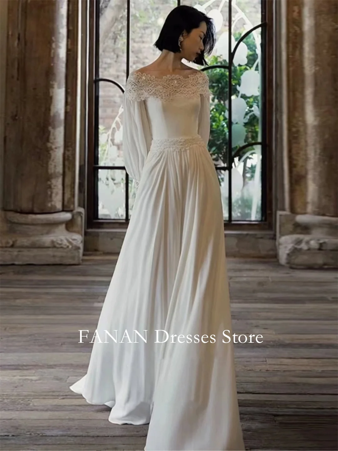 

FANAN Korea Off Shoulder Wedding Dresses 웨딩드레스 Chiffon Princess Vinatge Appliques Long Sleeves Custom Made Bride Gowns Plus Size