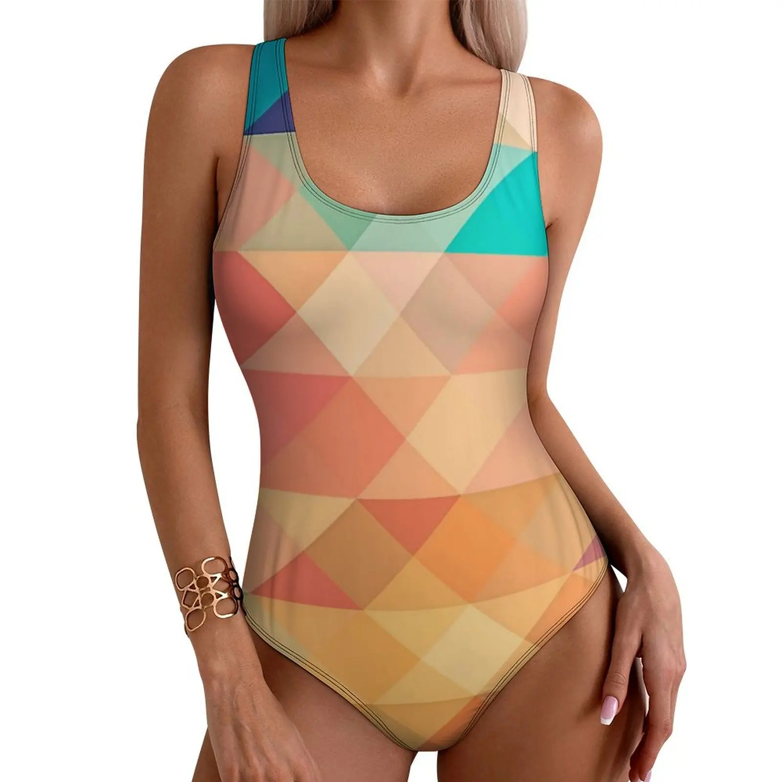 

Colorful Geo Print Swimsuit Sexy Ombre Checkered One Piece Swimwear Push Up Swimsuits Aesthetic Beach Monokini