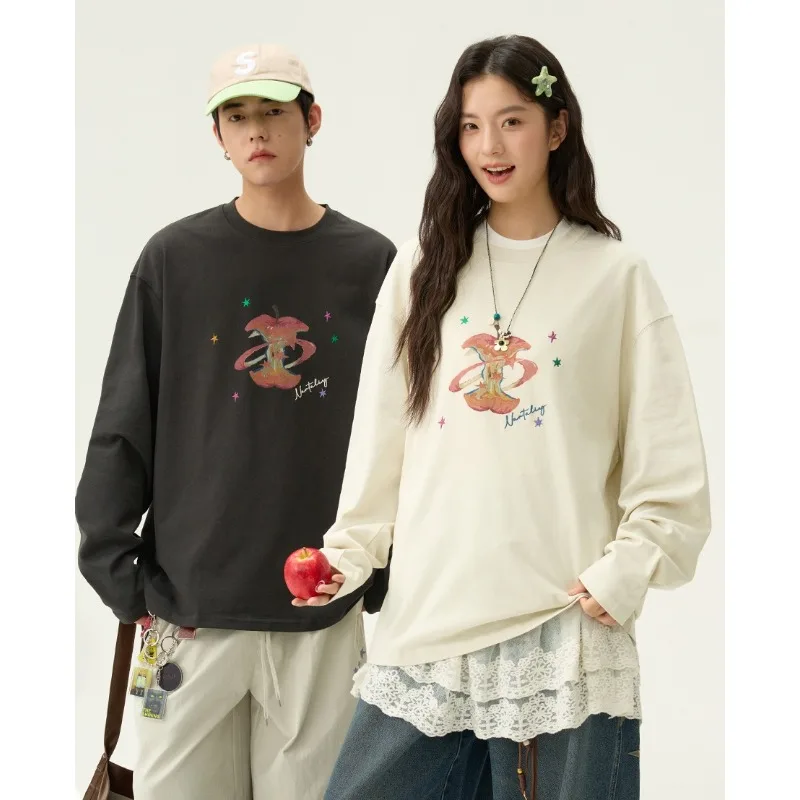 

Осенняя футболка с длинными рукавами и цифровым 3D-принтом Apple для пар, универсальный и дышащий топ, модный