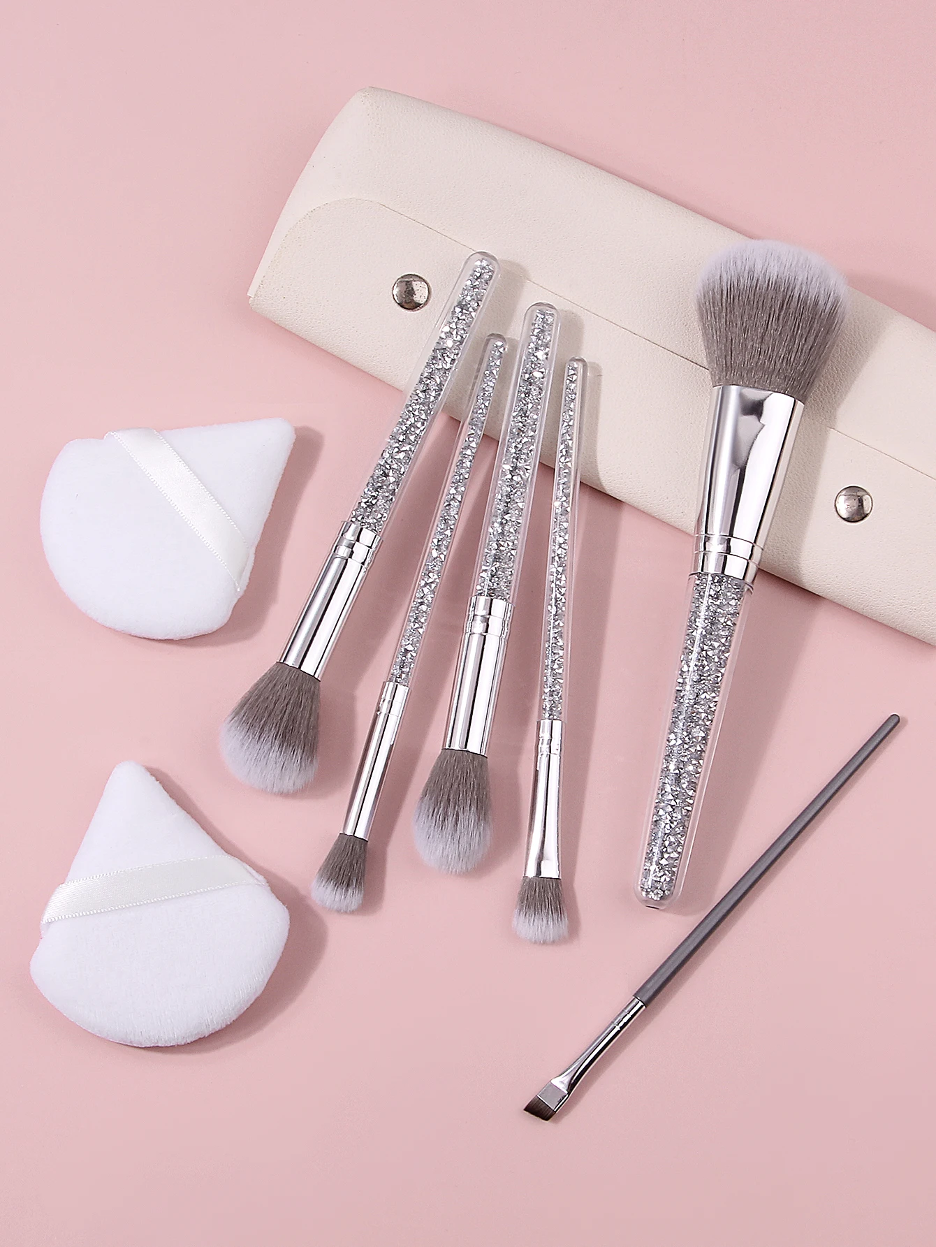9Pcs Glitter Handle Makeup Brushes Set with Triangle Powder Puff Portable Storage Bag Foundation Blush Eyeshadow Blending Tools