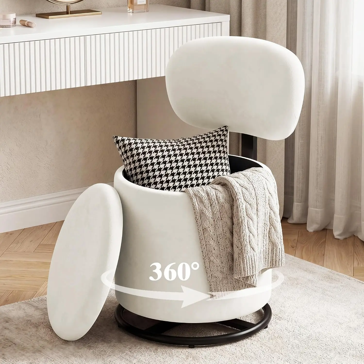 360° Swivel Velvet Vanity Chair with Ergonomic Backrest & Hidden Storage Compartment – Makeup Stool for Bedroom or Dressing Area