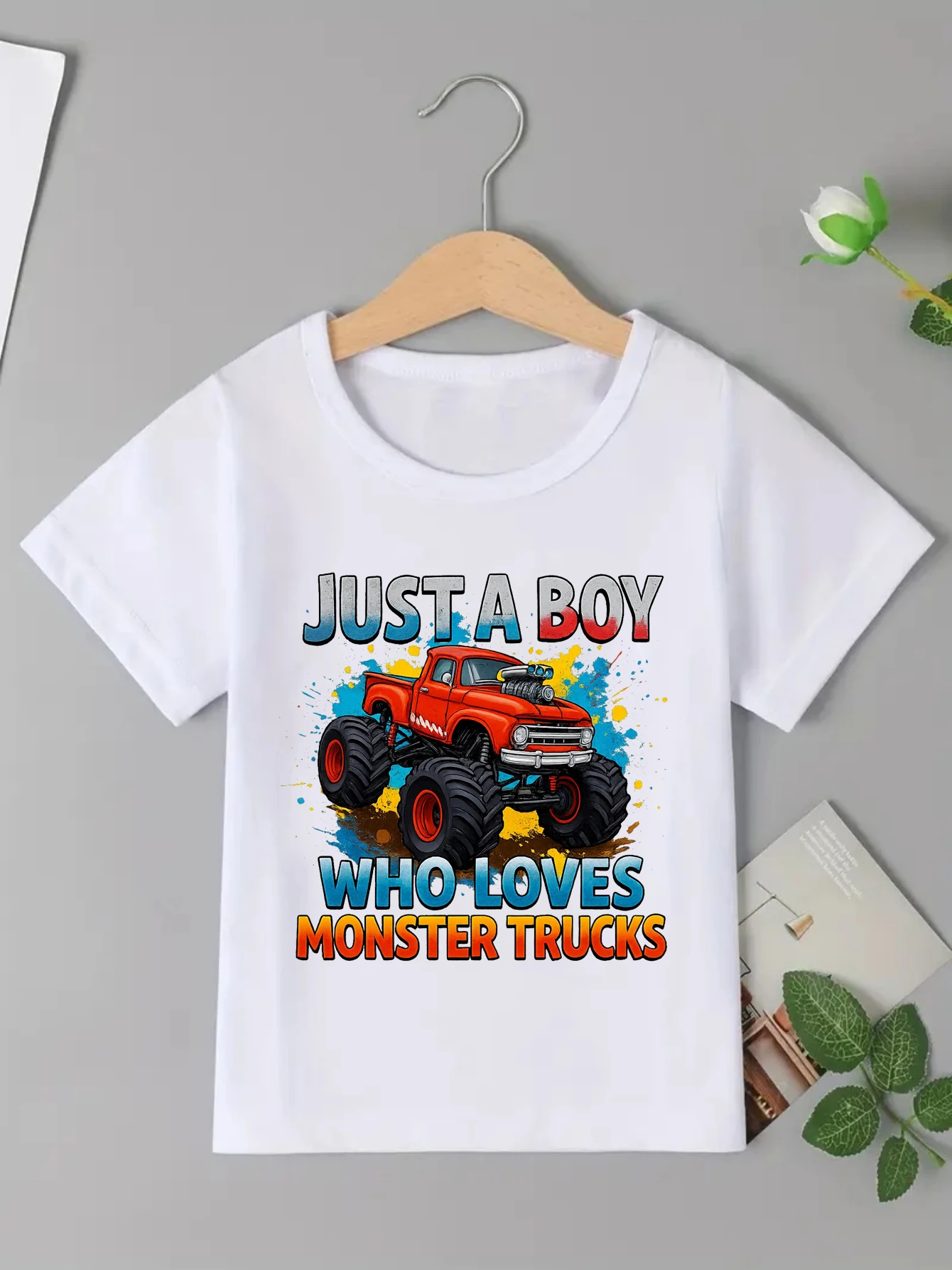 Just A Boy Who Loves Monster Trucks Graphic Printed T Shirt Boys Cars Lover T-Shirt Summer Short Sleeve Shirt Toddler Shirt
