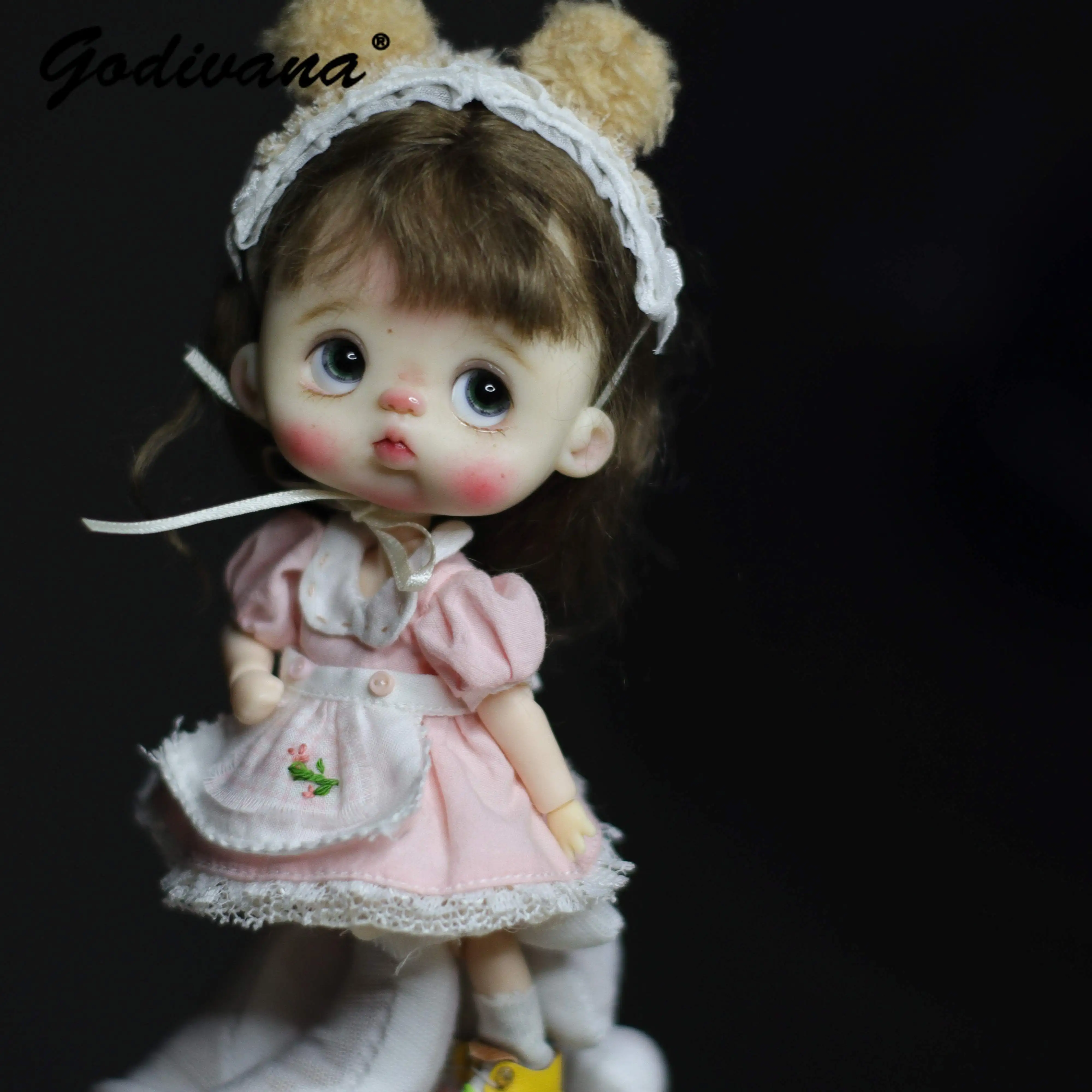 Ob11/gsc/ymy 1/12 BJD Doll Outfit Sweet Cute Pink Puff Sleeve Vintage Embroidery Dress with Apron Ear Lace Headband Doll Clothes