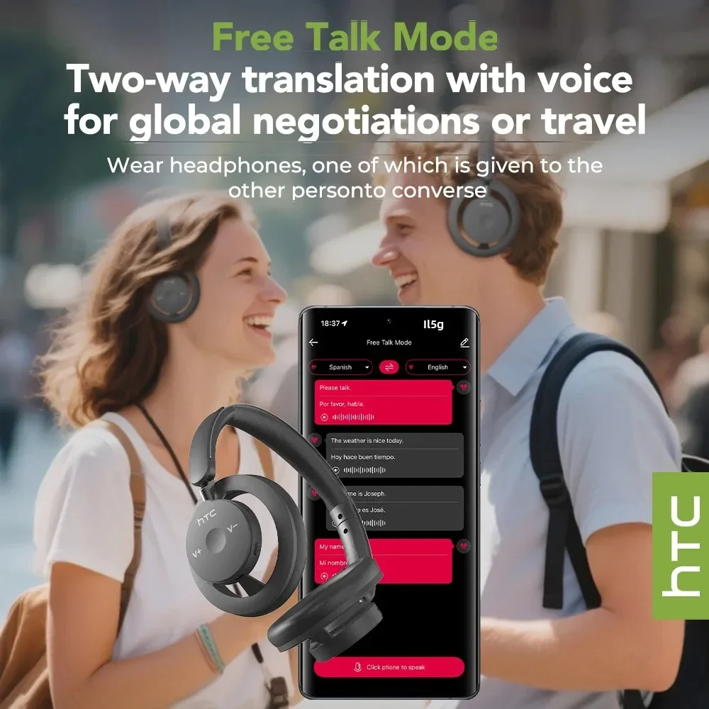 HTC HP06 سماعات رأس لاسلكية مفتوحة الأذن بلوتوث V6.0 Airy قابلة للطي AI ترجمة سماعة للكمبيوتر المحمول والهاتف والتلفزيون خفيفة مجوفة