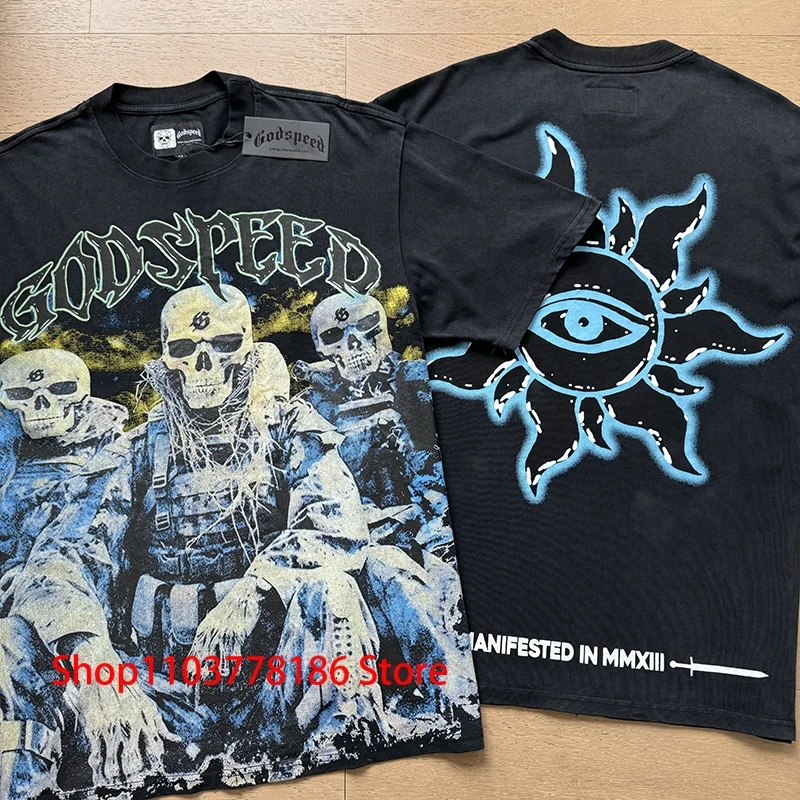 

Real Photo Wash Black Tops Godspeed Short-sleeved Tee Fashion New Skull Pattern Letter Print Men Women GOD SPEED T-shirts