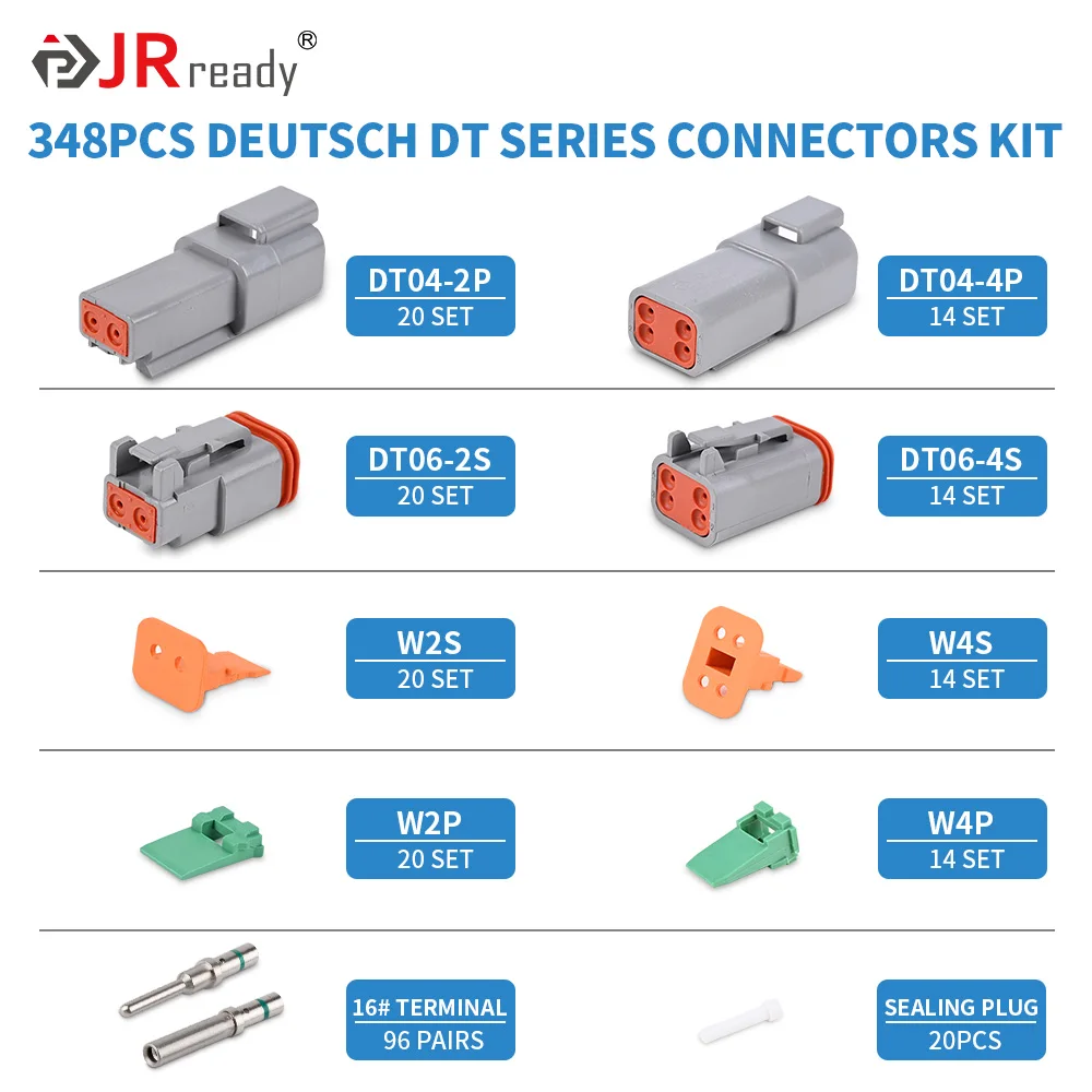 JRready 348PCS DT Deutsch Connector Kit with 2 Pin connectors, 4 Pin connectors, Size 16 Solid Contacts,Suitable for Automotive