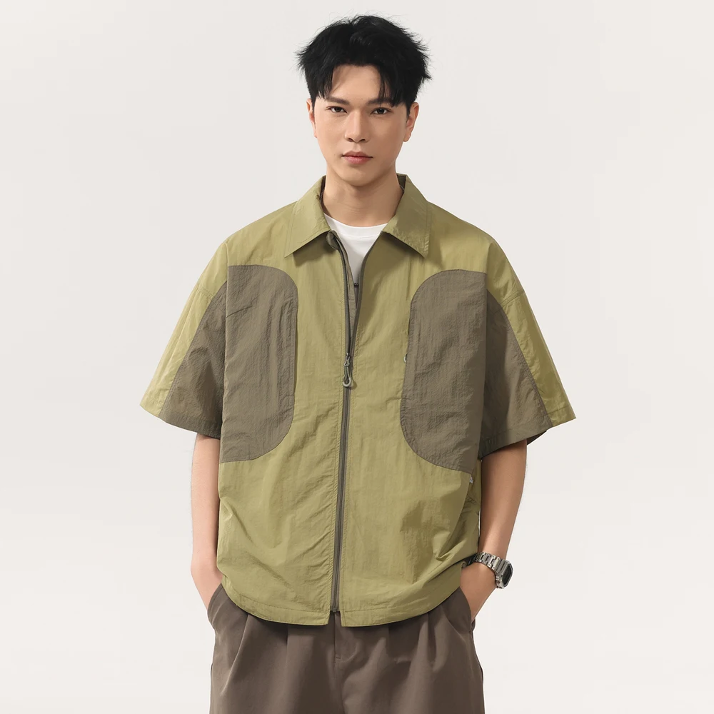 Summer Splice Design Short Sleeve Shirt Men Japanese Streetwear Outdoor Hiking Lightweight Quick Dry Loose Casual Cargo Shirts