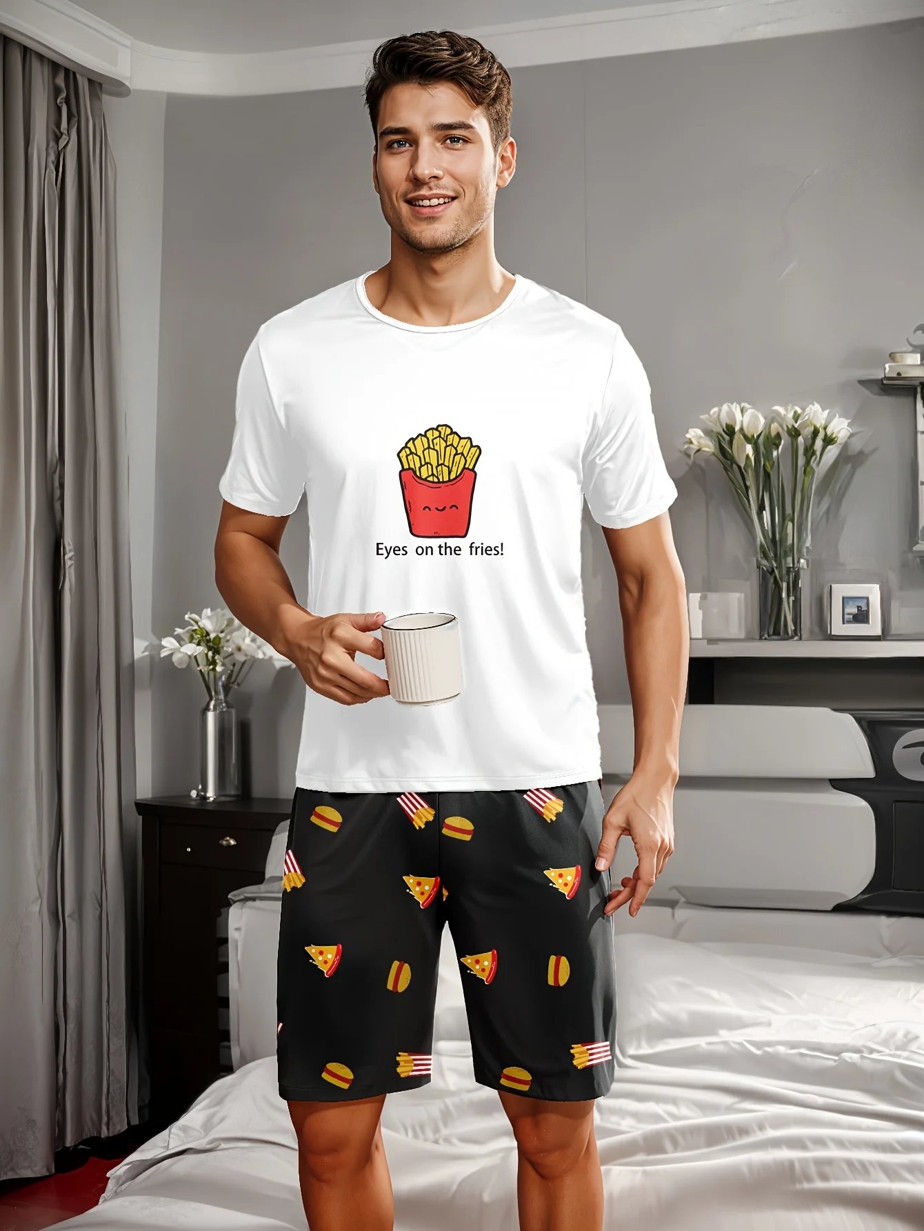 

Men's casual pajama set, fries-printed T-shirt and shorts, comfortable summer sleepwear